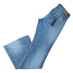See Thru Soul Light Wash Flare Denim Jeans Embellished Pockets Size 28